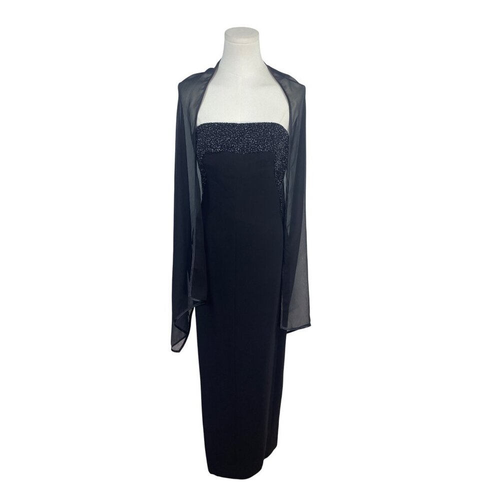 Helen Morley Strapless Black Midi Dress W/ Glitter Bust & Sheer Wrap Szize 10